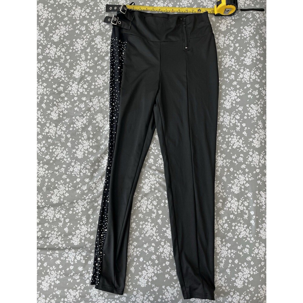 ChicMe Black Rhinestone Side Stripe Leggings High Waist Buckle Belt Pants Size L